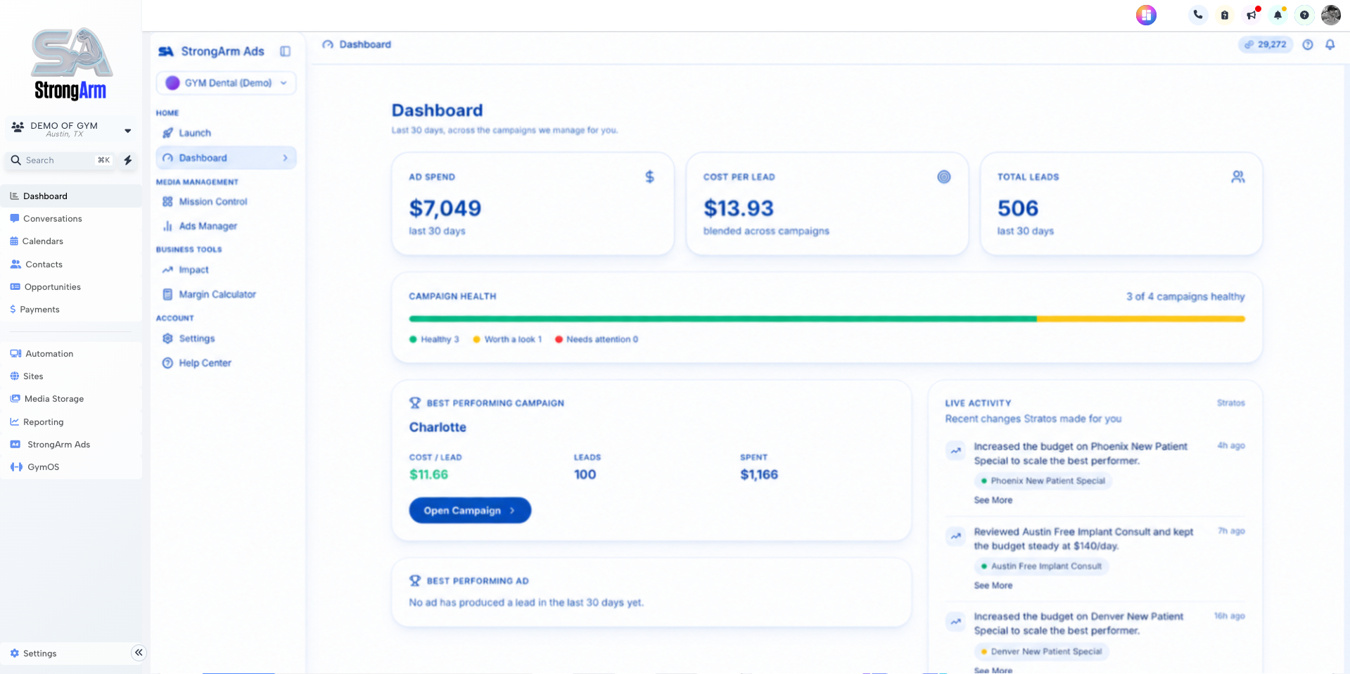 StrongArm Ads dashboard — ad spend, cost per lead, and total leads