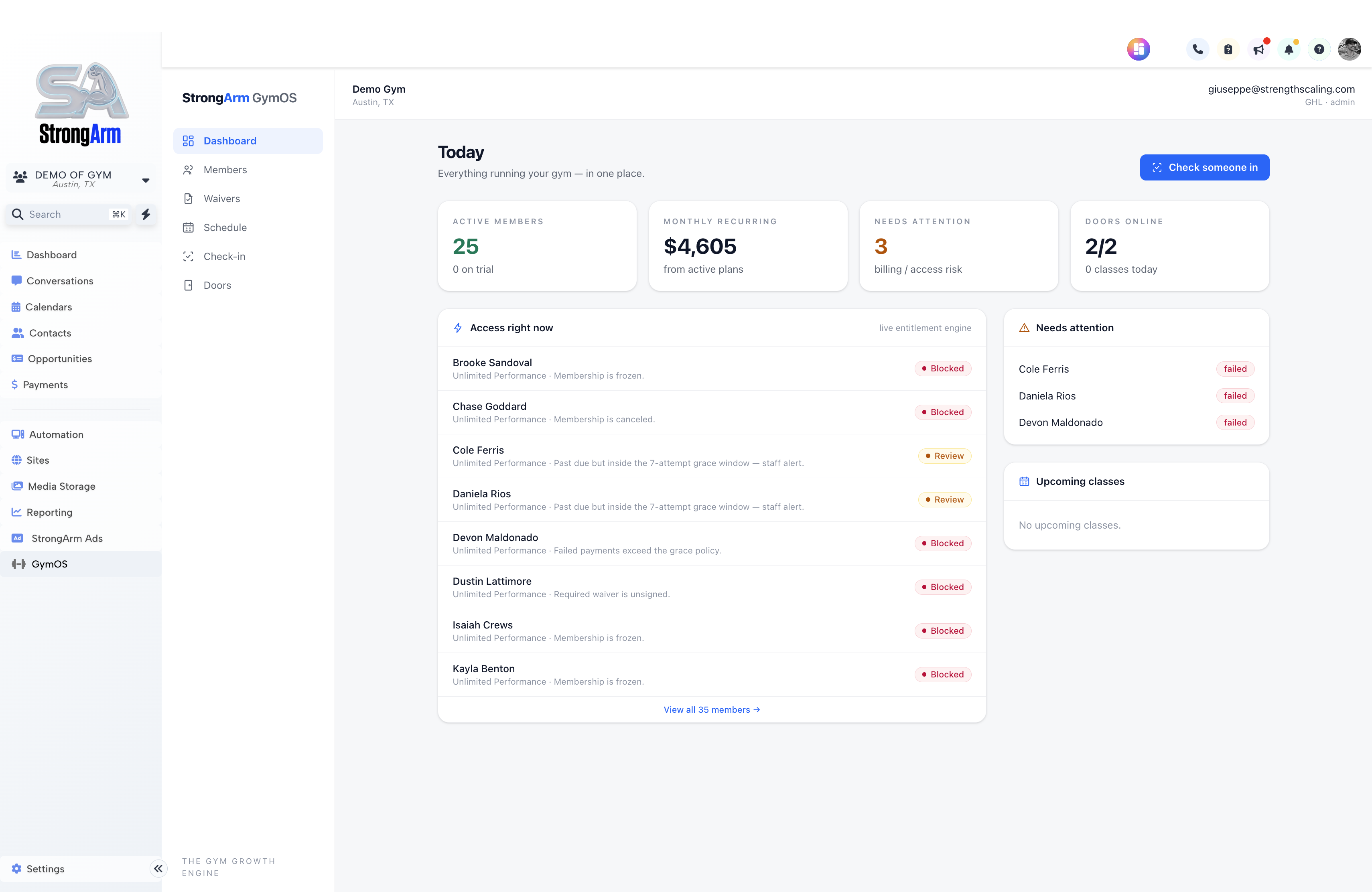StrongArm GymOS dashboard — active members, recurring revenue, and access risk