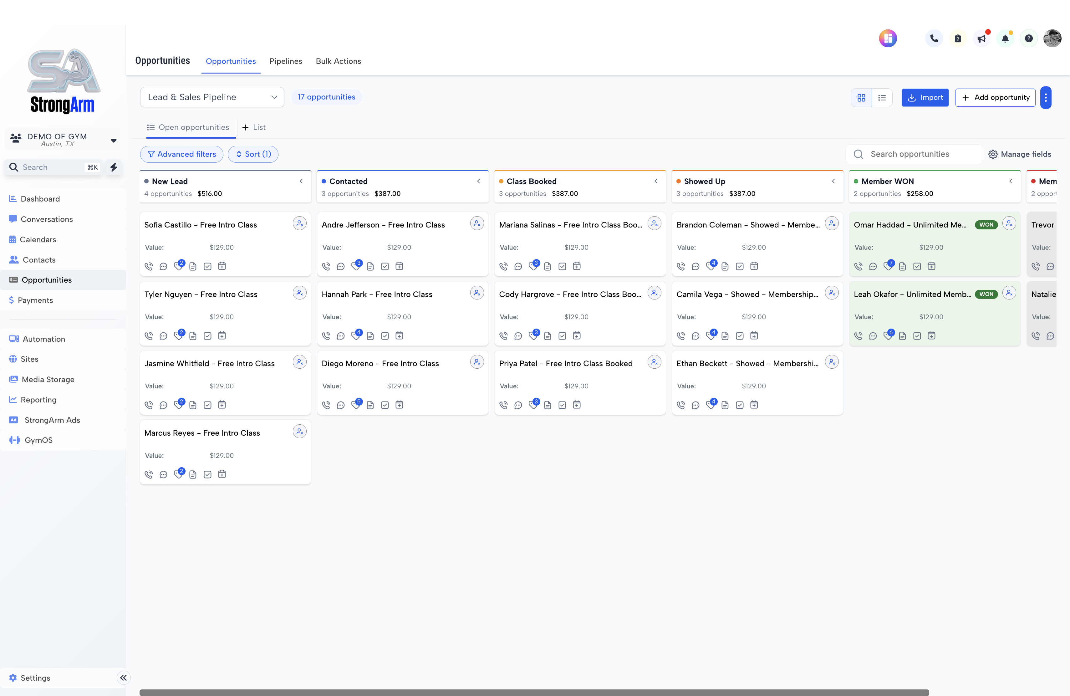 StrongArm lead and sales pipeline — leads moving from new to member